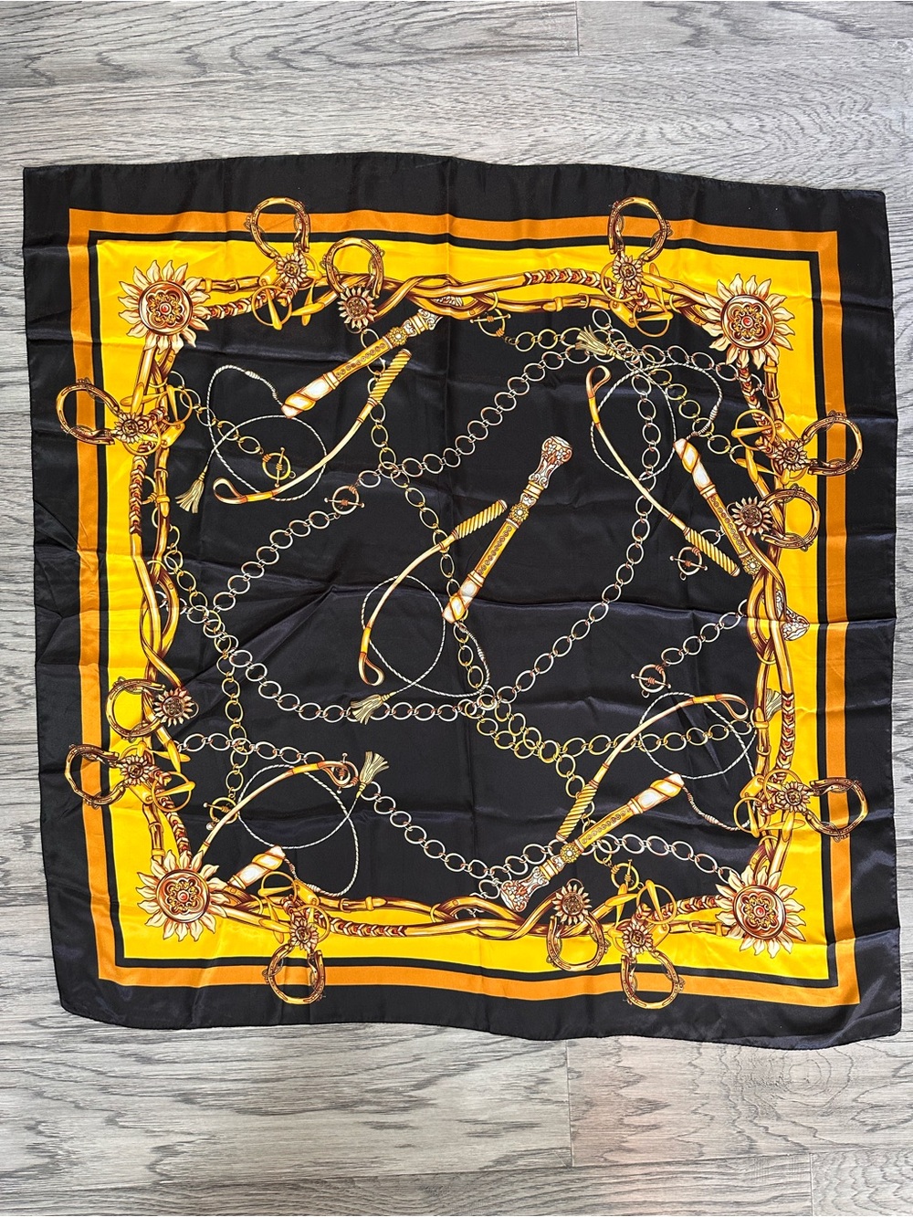 Silk-Feel Black and Gold Chain Print Square Scarf